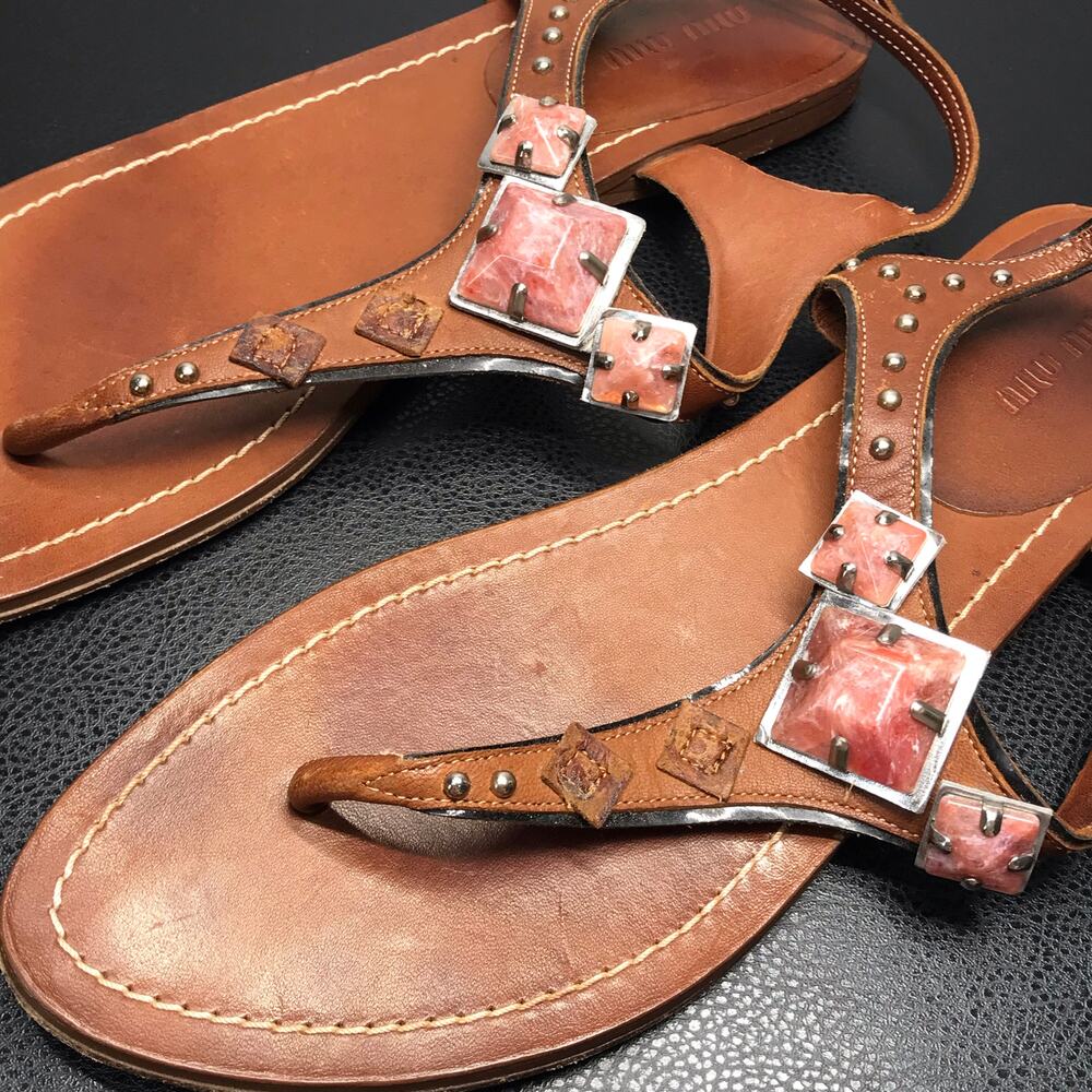 Miu Miu SZ 41 Brown Leather Thong Gladiator Sandals Pink Silver Pyramid Studs - Picture 10 of 13